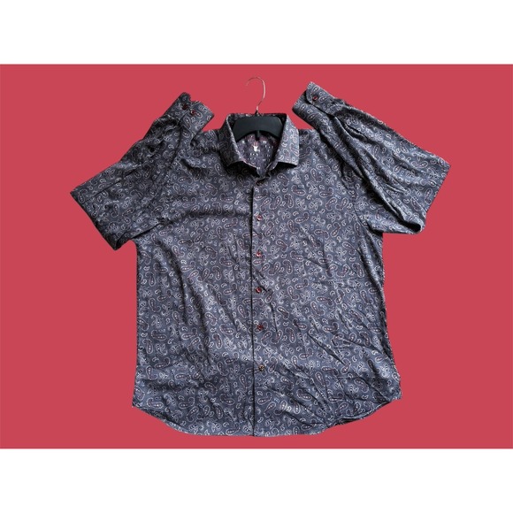 Other - Luchiano Visconti XL Gray Paisley Shirt‎ Red Trim Made in Turkey Stretch EUC